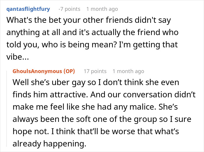 Screenshot of a Reddit conversation discussing a woman devastated after friends say her model boyfriend is out of her league.