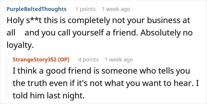 Screenshot of online comments discussing loyalty and revealing a best friend&rsquo;s affair to her boyfriend.