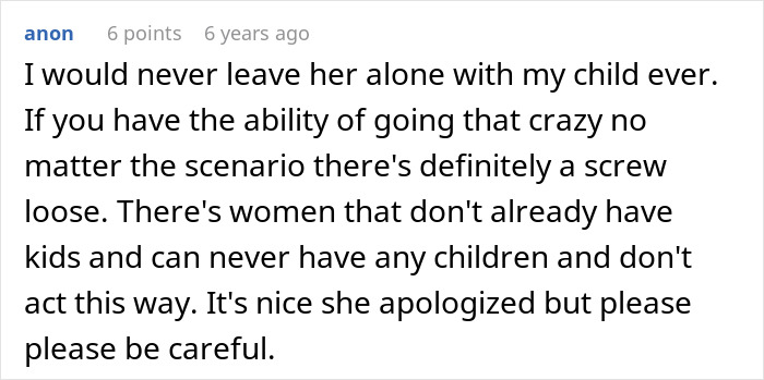 ALT text: Screenshot of a user comment warning about trusting someone with a child after a mistaken babysitting and adoption papers mix-up.
