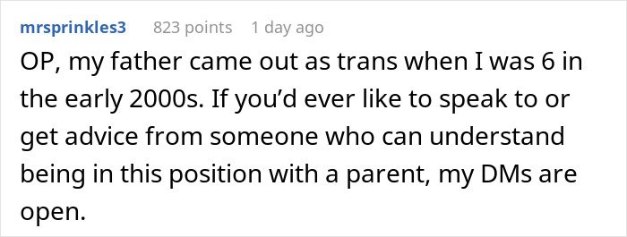 Comment on Reddit about dad turned trans parent offering support and advice on navigating relationships with children. Comment on Reddit about dad turned trans parent offering support and advice on navigating relationships with children.