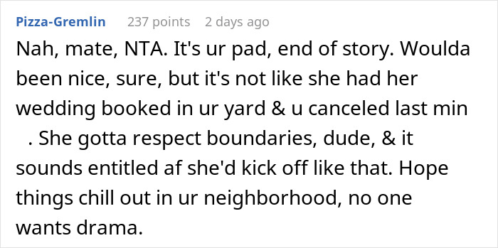 Screenshot of a Reddit comment discussing a woman demanding to marry in a stranger&rsquo;s backyard and the refusal causing drama.
