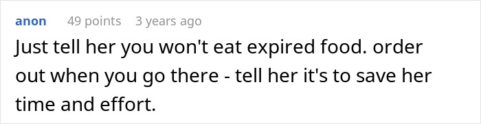 Screenshot of a comment advising how to handle cheap MIL feeding spoiled food by ordering out to avoid conflict.