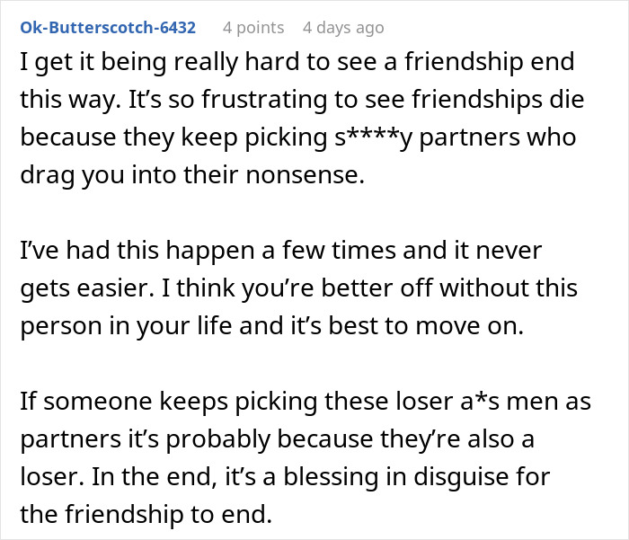 Alt text: Online comment discussing ending friendships after privacy concerns and dismissing suspicions about trust violations.
