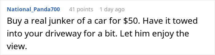 Comment text on white background about buying a junker car for $50 and having it towed into a driveway.