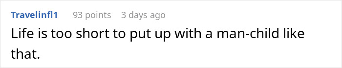 Comment text on a white background discussing frustration with a man-child, related to man breaking up with girlfriend after cheese argument.