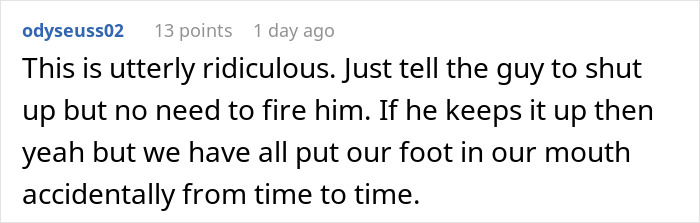 Reddit user commenting on an employee firing after a controversial body-shaming remark made by the CFO.