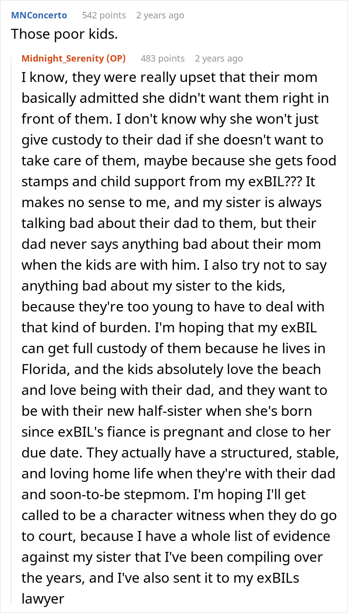Screenshot of a Reddit conversation discussing custody issues and family conflict involving sister threatening to call cops.