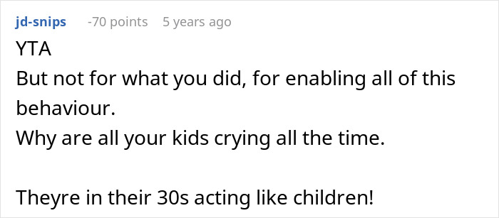 Screenshot of an online comment criticizing a single sister struggling with her sibling's engagement and emotional behavior.