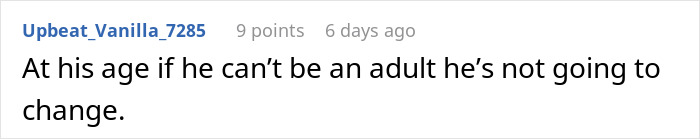 Comment text on a forum about a man expecting his wife to rescue him after missing his flight, highlighting his immaturity.