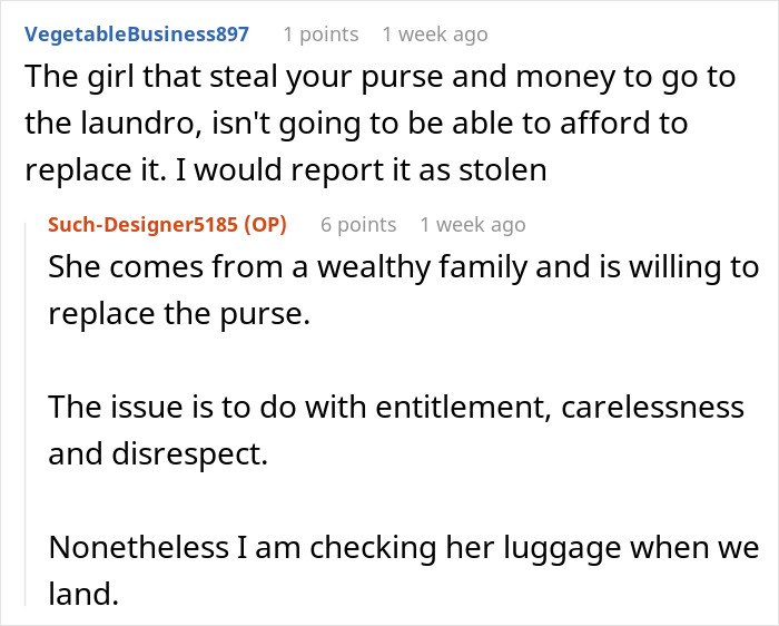 Screenshot of online discussion about a woman ending a 15-year friendship over a purse fiasco involving theft and entitlement.