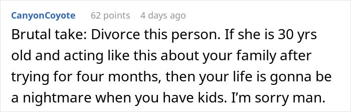 Screenshot of a Reddit comment discussing a wife&rsquo;s reaction to her husband attending his sister&rsquo;s baby shower.