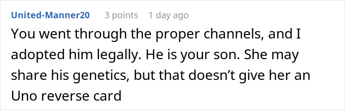 Screenshot of a Reddit comment discussing a mom wanting her baby back 8 years after giving the child up.