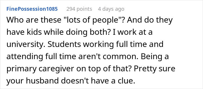 Comment discussing challenges when a husband expects wife to work, study full time, and care for two kids simultaneously.