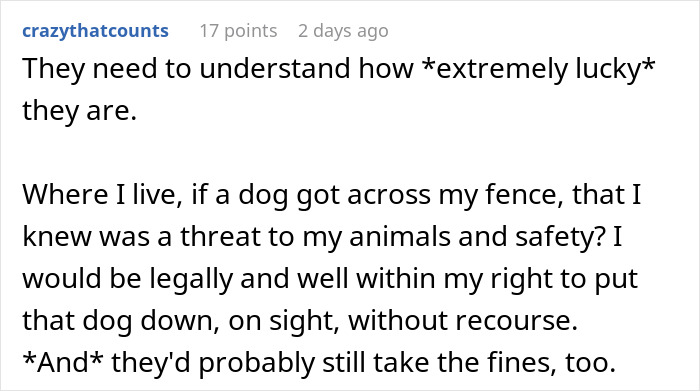 Text comment discussing a woman teaching rude dog owners a lesson on respect in a neighborhood setting.