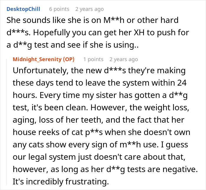 Reddit conversation about sister threatening to call the cops after woman brings her kids home, showing emotional distress.