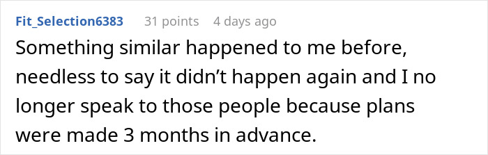 Comment about friend group plans canceling a birthday girl's getaway showing disappointment and broken trust in friendships.
