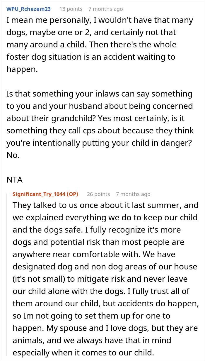 Commenters discuss concerns over dogs around a child and fears of a potential CPS call from spouse&rsquo;s parents.