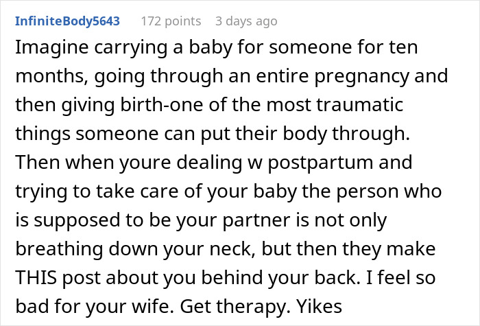 Alt text: New mom struggling with baby care while husband judging and causing stress during postpartum period.