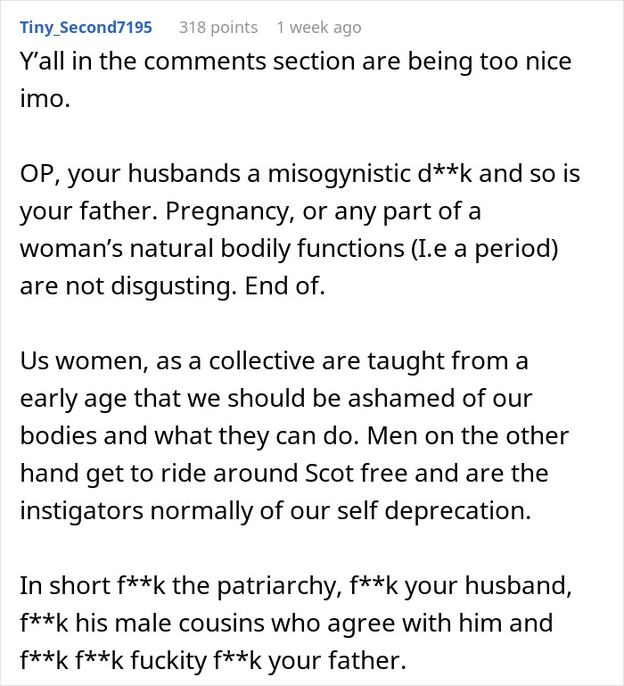 Commenter criticizes misogyny related to husband calling pregnant wife disgusting and ignoring the baby after being called out.