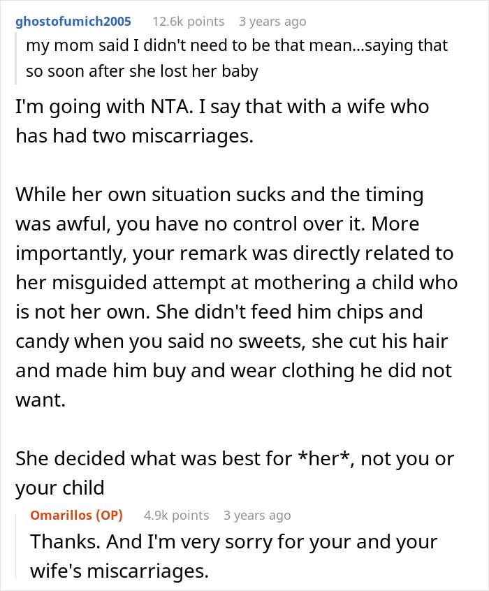Reddit comment discussing miscarriage and forced gender roles on a child by a sibling reflecting on motherhood concerns. Reddit comment discussing miscarriage and forced gender roles on a child by a sibling reflecting on motherhood concerns.
