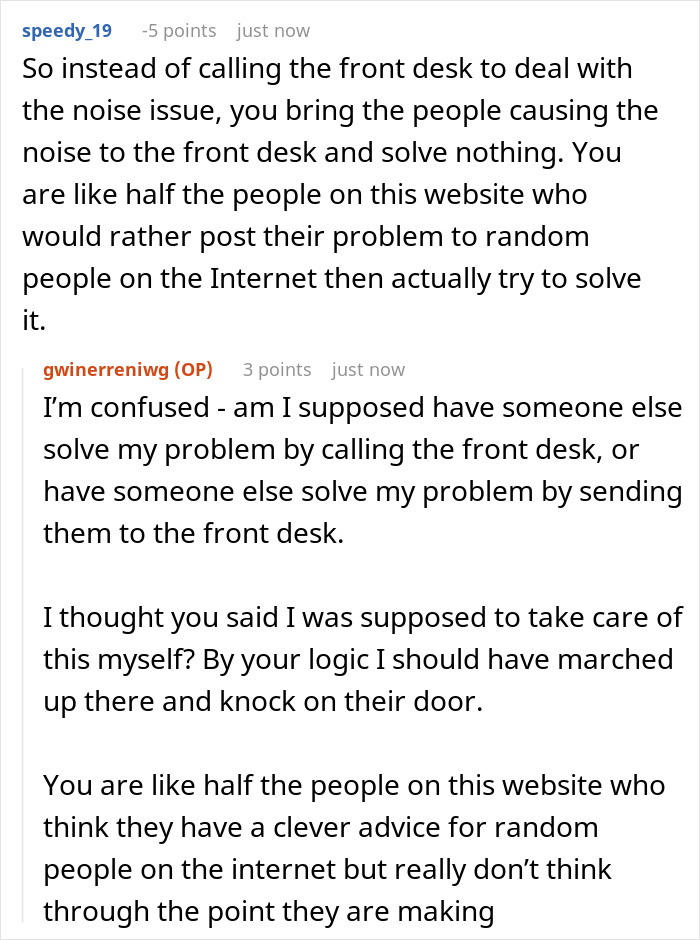 Online forum discussion about hotel guests’ noise disturbance and neighbors’ 5 AM revenge response to ruckus. Online forum discussion about hotel guests’ noise disturbance and neighbors’ 5 AM revenge response to ruckus.
