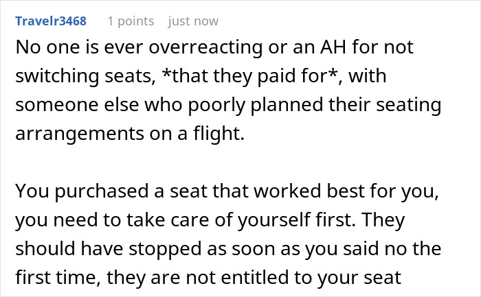 Comment about family eyes passenger&rsquo;s paid seat on a flight, refusing to swap and causing drama during the journey.