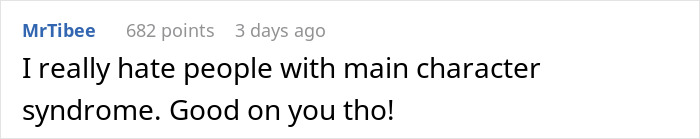 Screenshot of an online comment expressing dislike for people with main character syndrome after neighbor blasted music at 2 a.m.