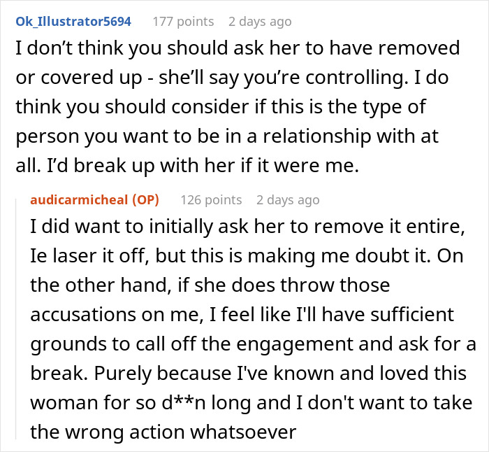 Reddit conversation discussing a man debating breaking up with fiancée over tattoo of his late brother’s face. Reddit conversation discussing a man debating breaking up with fiancée over tattoo of his late brother’s face.