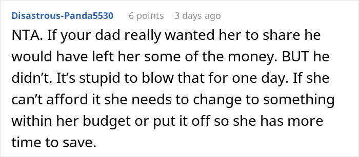 Comment on a forum post discussing a woman uninviting her sister from her wedding over a $30K gift dispute.