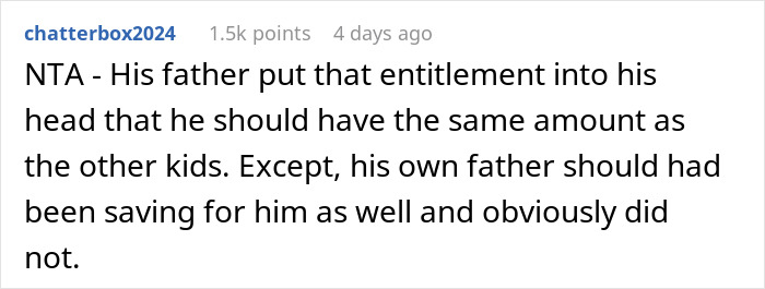 Comment text on a white background discussing entitlement and college fund contributions in a family dispute.
