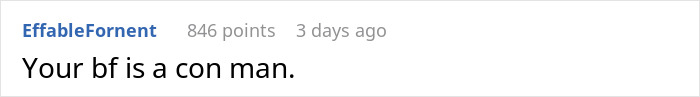 Screenshot of an online comment reading Your bf is a con man, related to woman&rsquo;s boyfriend eyeing son&rsquo;s survivor benefits and greed issues.