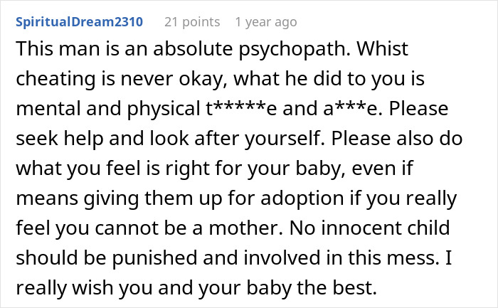 Comment discussing husband coercing wife into pregnancy as punishment for cheating, urging seeking help and self-care.