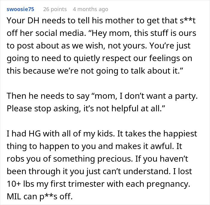 Comment discussing a woman confronting her mother-in-law for hijacking her pregnancy on social media.