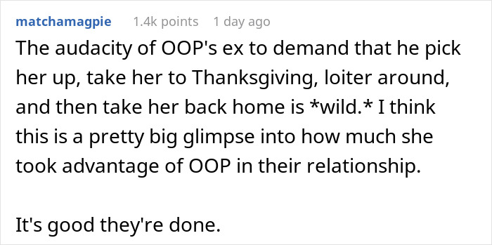 Screenshot of a Reddit comment discussing an entitled lady manipulating her boyfriend and demanding free rides after breakup.