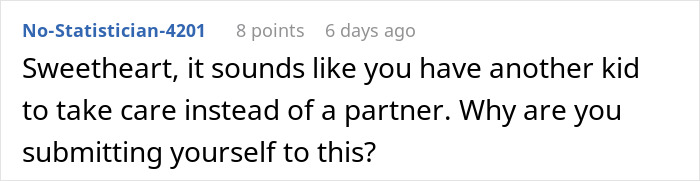 Reddit comment discussing a man expecting his wife to rescue him after missing his flight and receiving a lesson instead.