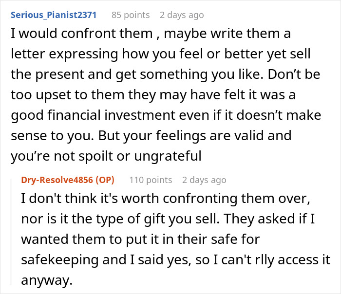 Online discussion showing a teen disappointed and deeply hurt by parents gift for her 18th birthday seeking advice.