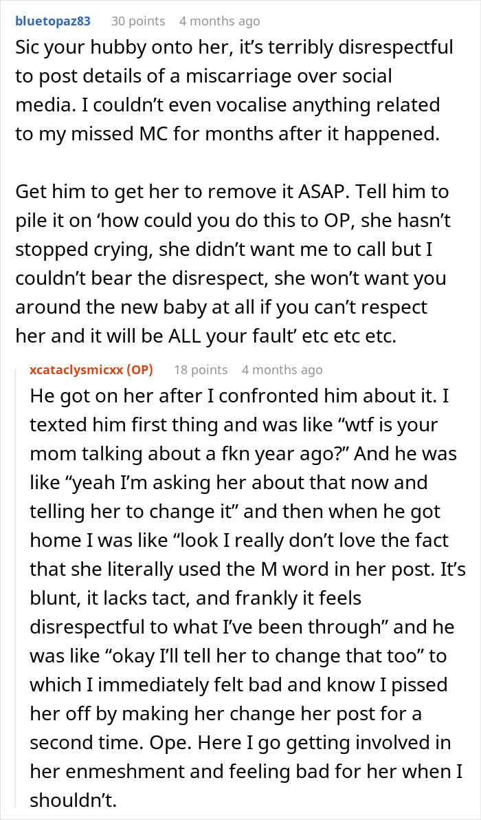 Reddit conversation about a woman confronting MIL for hijacking pregnancy and disrespecting her loss on social media.