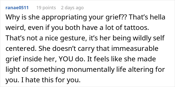 Comment discussing a fiancée’s tattoo of her partner’s late brother’s face causing relationship tension and grief conflict. Comment discussing a fiancée’s tattoo of her partner’s late brother’s face causing relationship tension and grief conflict.