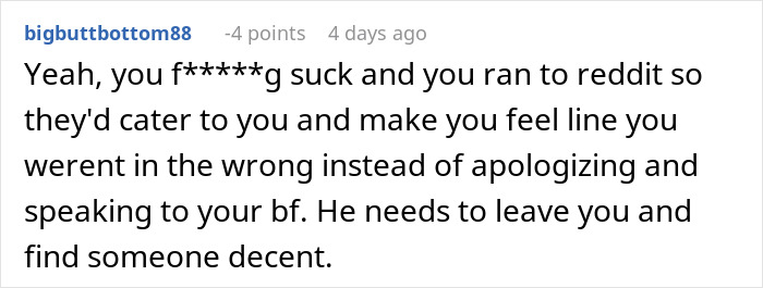 Comment on Reddit thread where lazy guy is called out by girlfriend for behavior, involving being called mean.