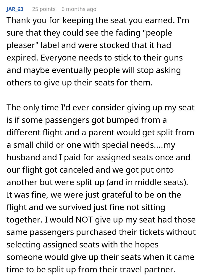 Comment about woman refusing to give up her plane seat and choosing a guilt-free nap instead during flight.