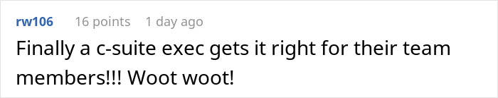 Screenshot of a forum comment praising a c-suite exec for standing up to body-shaming in the workplace.