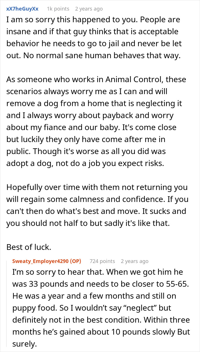 Commenters discuss the woman leaving dog in shelter and trying to get him back after adoption with police involvement.