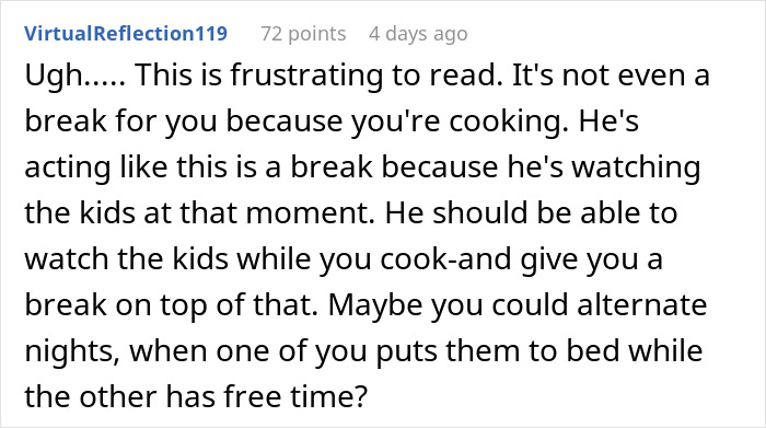Wife asks husband to watch kids for 30 minutes while she cooks, husband reacts with frustration during childcare. Wife asks husband to watch kids for 30 minutes while she cooks, husband reacts with frustration during childcare.