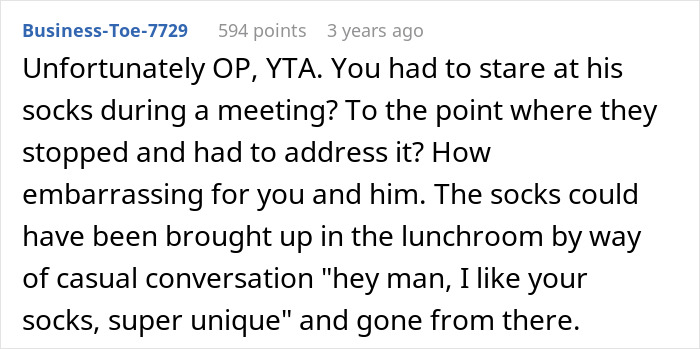 Comment on workplace harassment about mocking a coworker's colorful socks and HR involvement concern. Comment on workplace harassment about mocking a coworker's colorful socks and HR involvement concern.