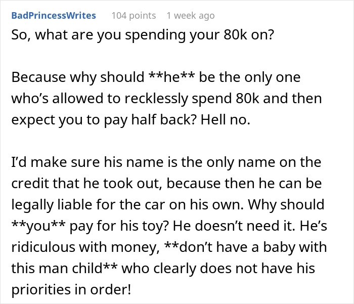 Screenshot of forum post debating hubby prioritizing luxury vehicle purchase over wife's family plans and involving MIL in the buy.
