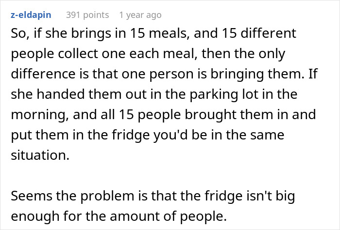 Comment discussing the issue of limited fridge space causing problems for coworkers storing their lunch. Comment discussing the issue of limited fridge space causing problems for coworkers storing their lunch.