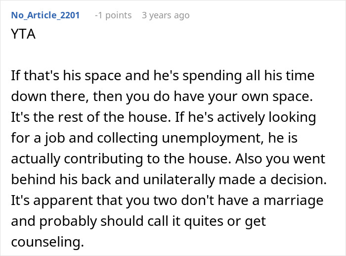 Screenshot of an online discussion about a woman renting out her husband's man cave after he refuses to work or help.