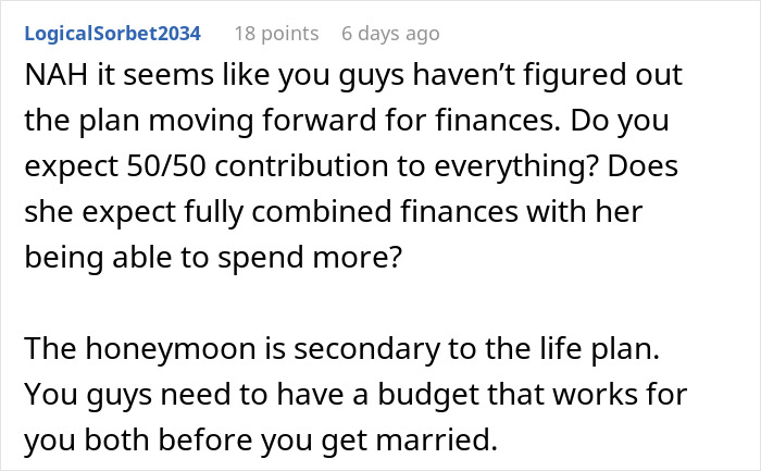 Screenshot of a forum comment discussing finances and budgeting before marriage and honeymoon planning.