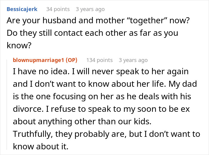 Conversation about a woman confronting her mother and husband over a long-term affair and dealing with the fallout.