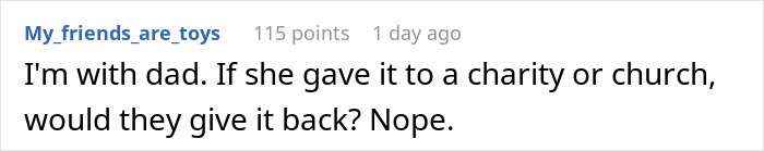 Comment about dad and charity in black text on white background, referencing Christian rapture and money dollars.